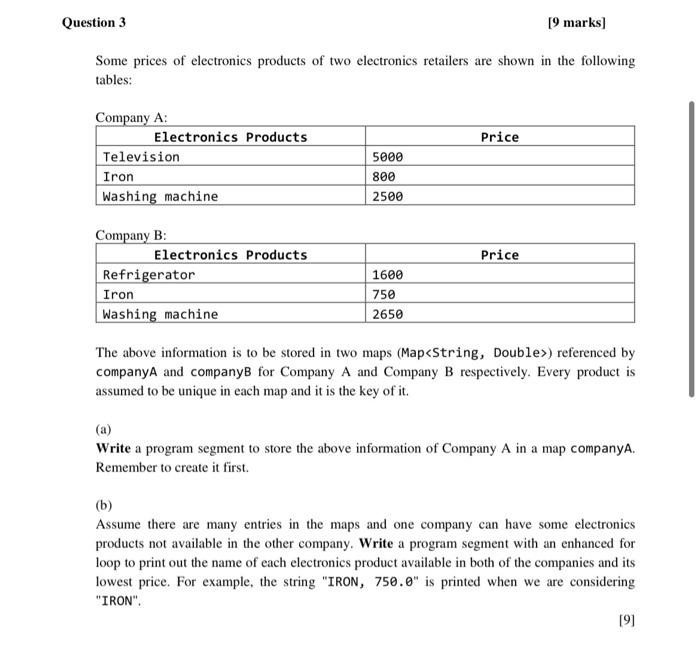 Question 3 9 Marks Some Prices Of Electronics Products Of Two Electronics Retailers Are Shown In The Following Tables 1