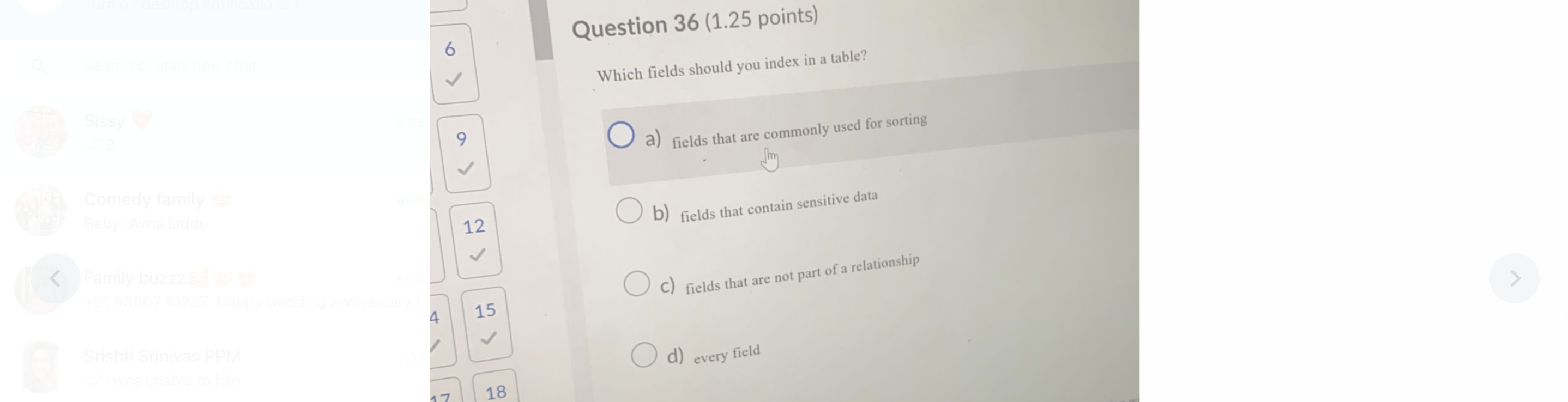 Question 36 1 25 Points 6 Which Fields Should You Index In A Table Sissy 9 A Fields That Are Commonly Used For Sor 1