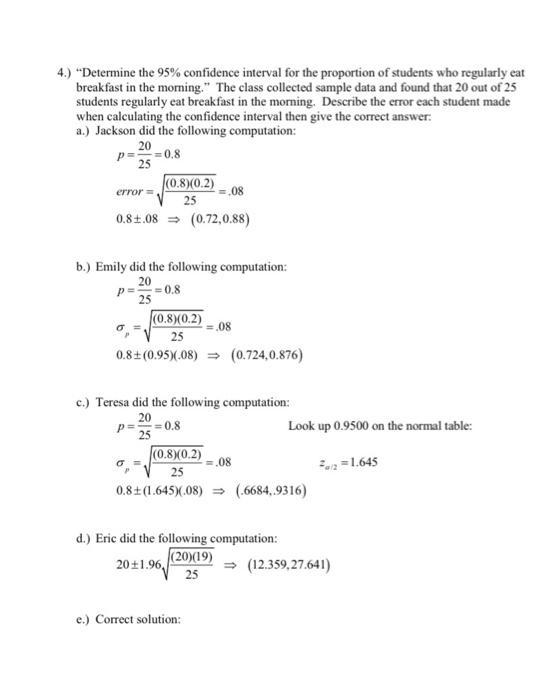 4 Determine The 95 Confidence Interval For The Proportion Of Students Who Regularly Eat Breakfast In The Morning T 1
