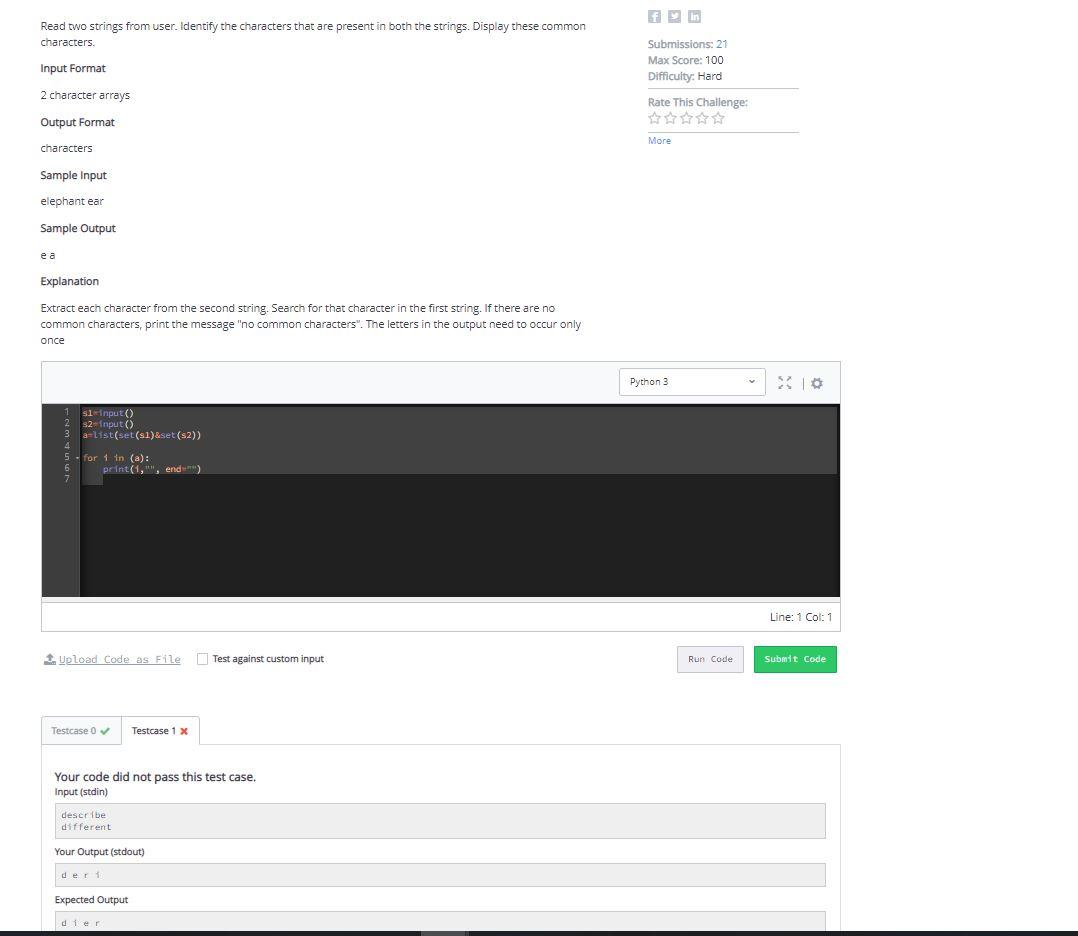 Find Common Characters To Help Me Fix My Python Code Thank You Https Www Hackerrank Com Contests Filter Ece 1 Challe 1