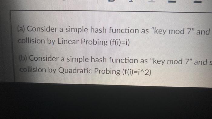 1 A A Consider A Simple Hash Function As Key Mod 7 And Collision By Linear Probing F I I B Consider A Sim 1