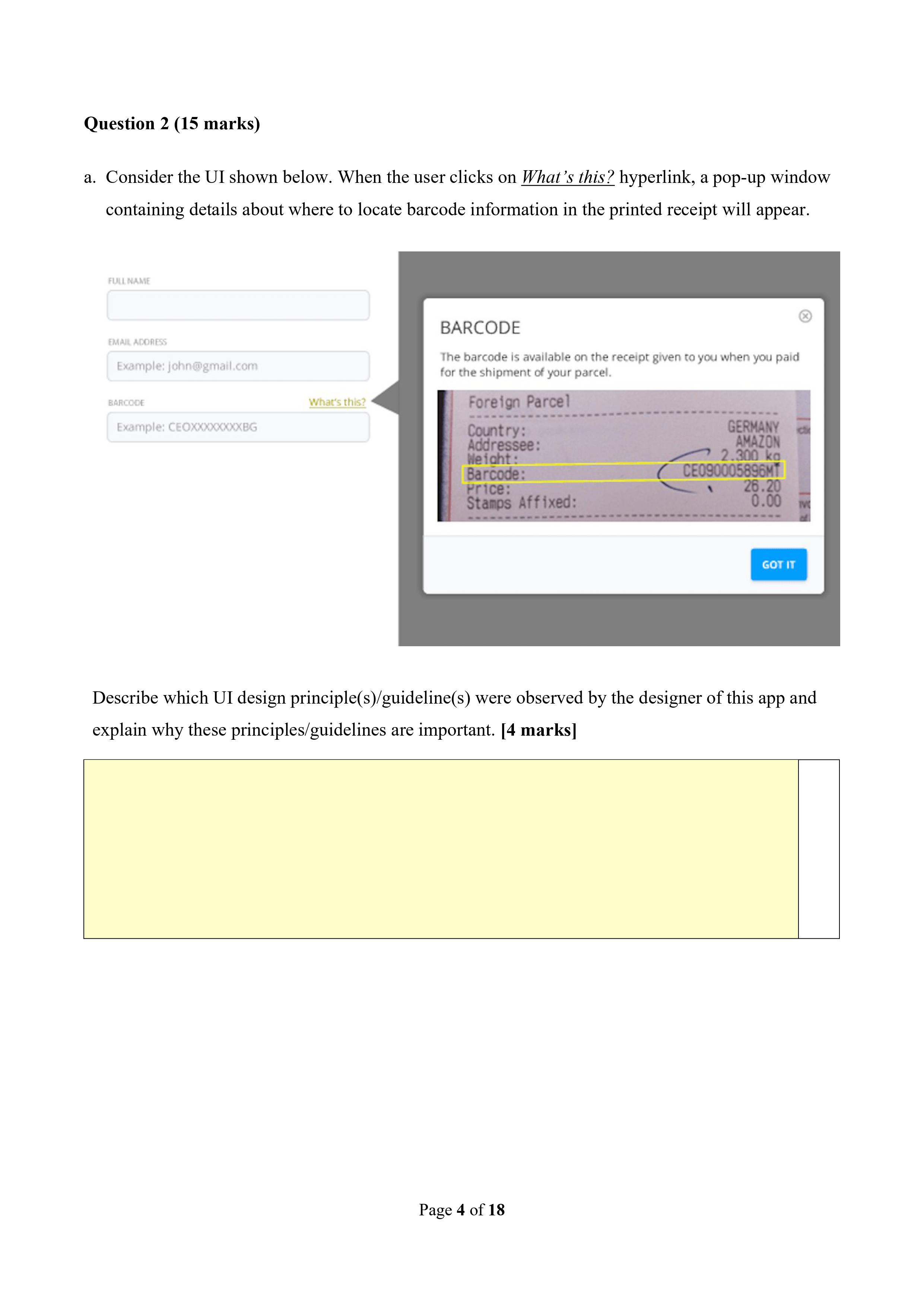 Question 2 15 Marks A Consider The Ui Shown Below When The User Clicks On What S This Hyperlink A Pop Up Window Co 1