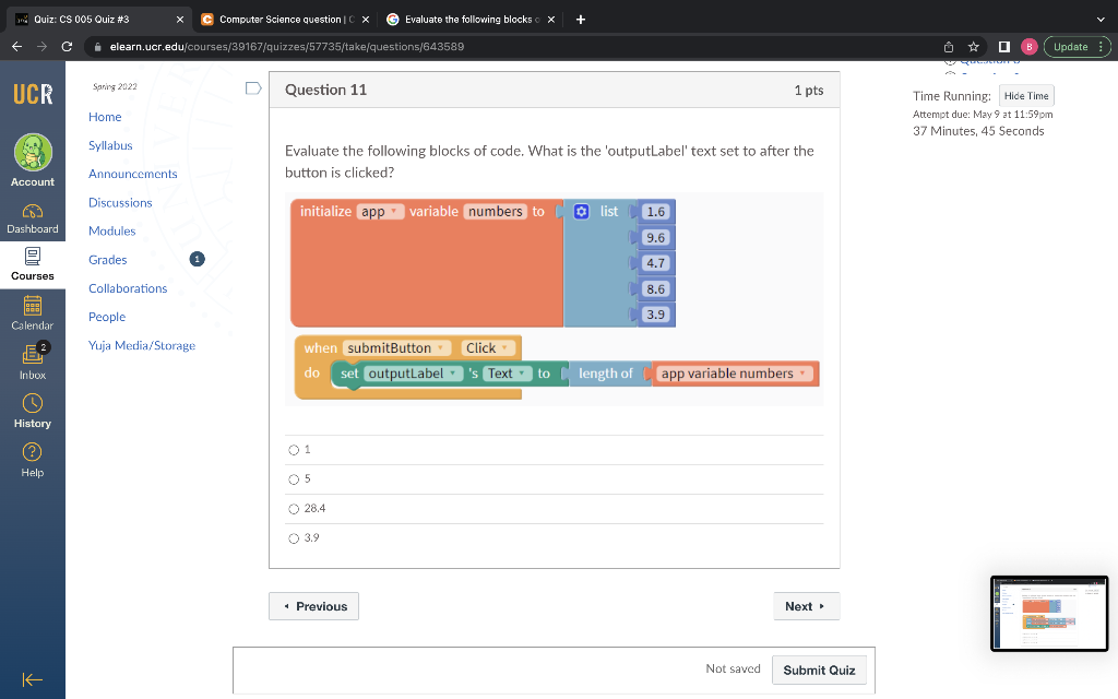 I Quiz Cs 005 Quiz 3 C Computer Science Question X Evaluate The Following Blocks X C Elearn Ucr Edu Courses 3916 1