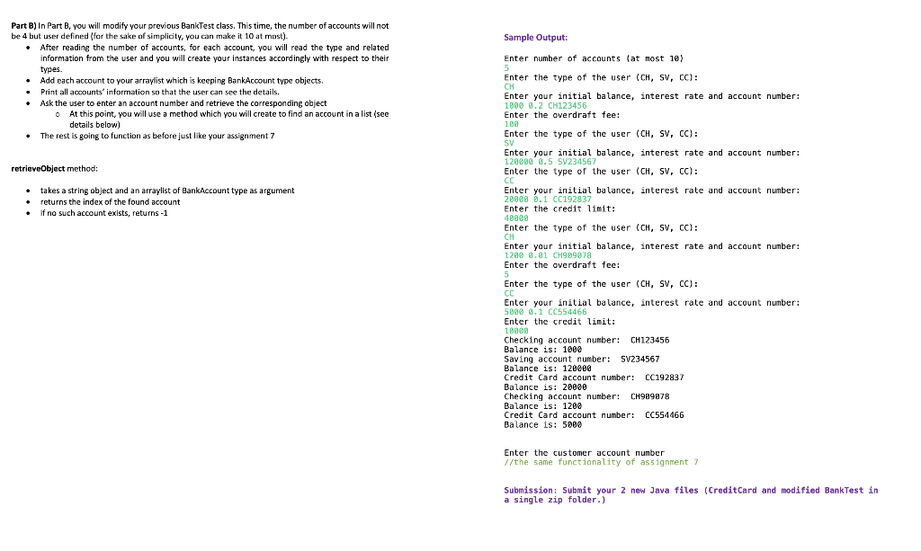 Sample Output Part B In Part B You Will Modify Your Previous Banktest Class This Time The Number Of Accounts Will N 1