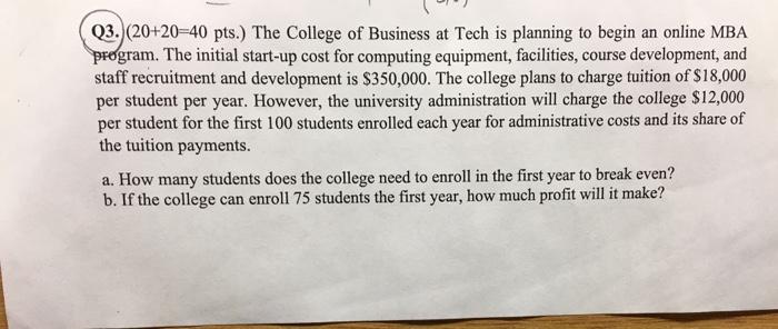 Q3 20 20 40 Pts The College Of Business At Tech Is Planning To Begin An Online Mba Program The Initial Start Up Cos 1