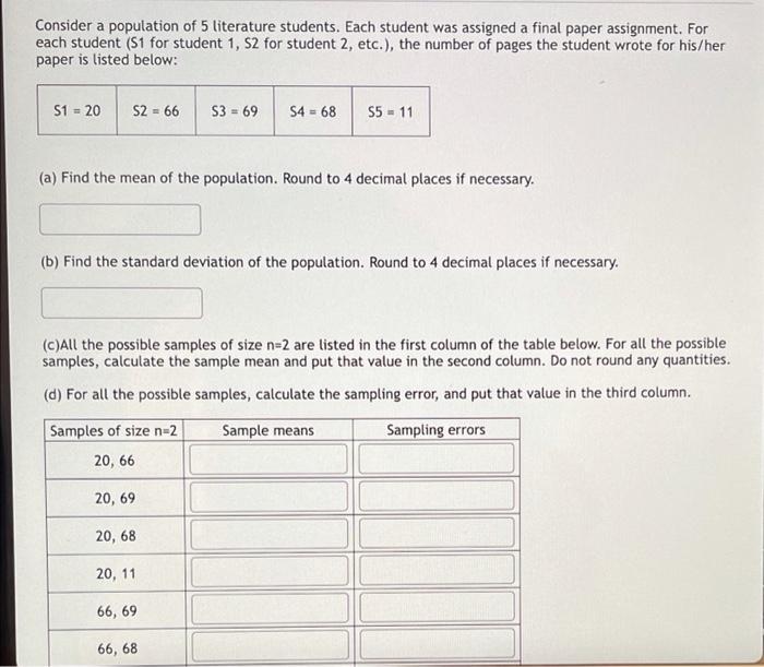 Consider A Population Of 5 Literature Students Each Student Was Assigned A Final Paper Assignment For Each Student 1 1