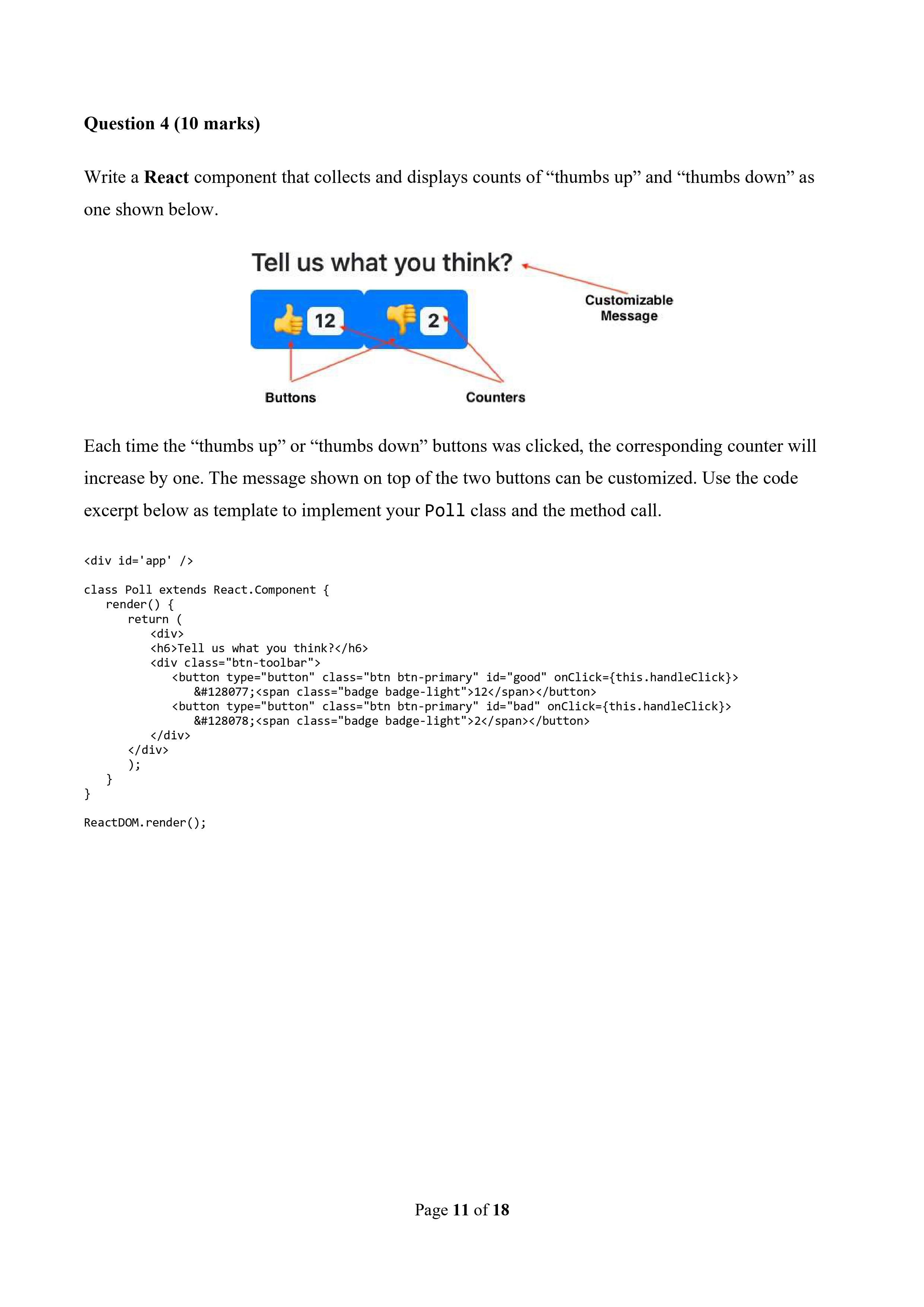 Question 4 10 Marks Write A React Component That Collects And Displays Counts Of Thumbs Up And Thumbs Down As A On 1
