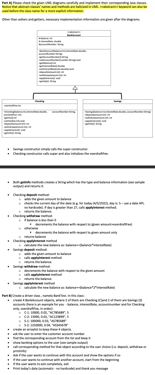 Part A Please Check The Given Uml Diagrams Carefully And Implement Their Corresponding Java Classes Notice That Abstra 1