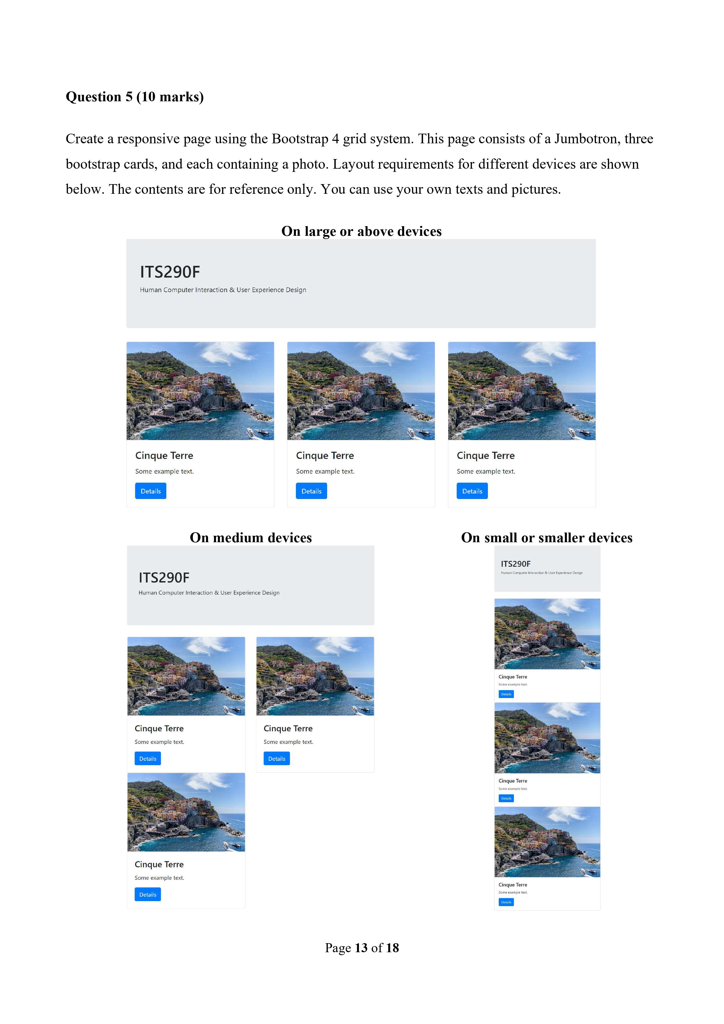 Question 5 10 Marks Create A Responsive Page Using The Bootstrap 4 Grid System This Page Consists Of A Jumbotron Thr 1