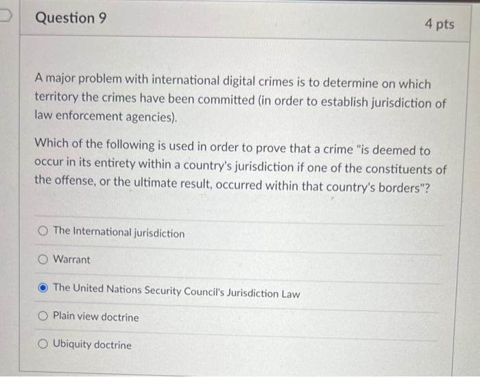 Question 9 4 Pts A Major Problem With International Digital Crimes Is To Determine On Which Territory The Crimes Have Be 1