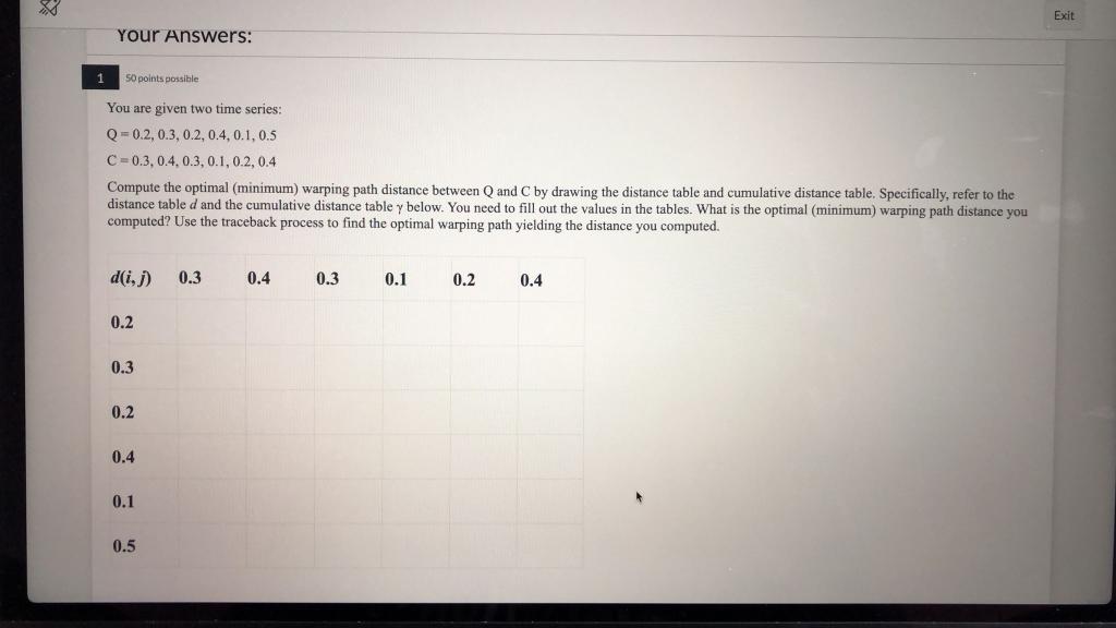 Exit Your Answers 1 50 Points Possible You Are Given Two Time Series Q 0 2 0 3 0 2 0 4 0 1 0 5 C 0 3 0 4 0 3 1