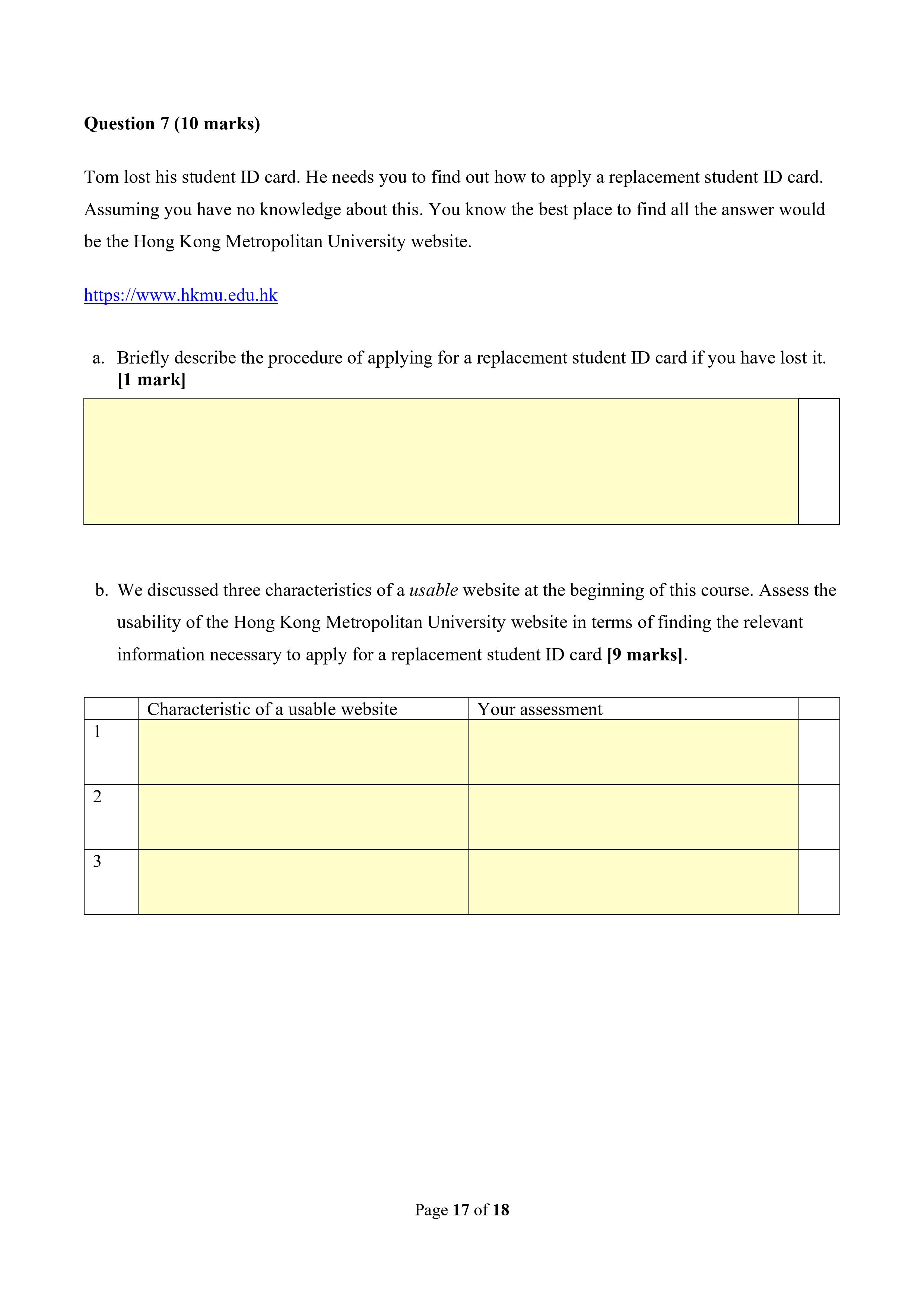 Question 7 10 Marks Tom Lost His Student Id Card He Needs You To Find Out How To Apply A Replacement Student Id Card 1