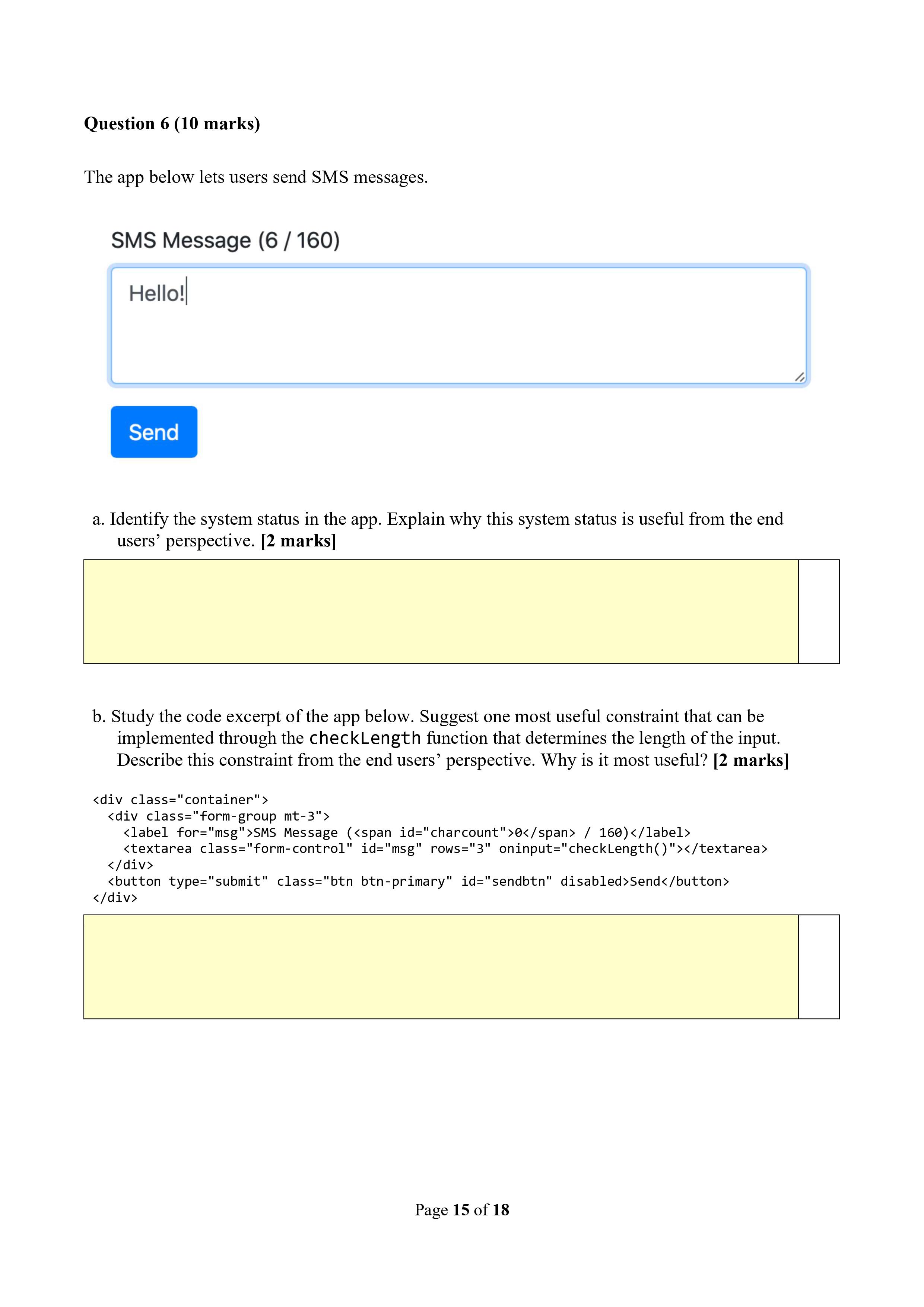 Question 6 10 Marks The App Below Lets Users Send Sms Messages Sms Message 6 160 Hello Send A Identify The Syst 1