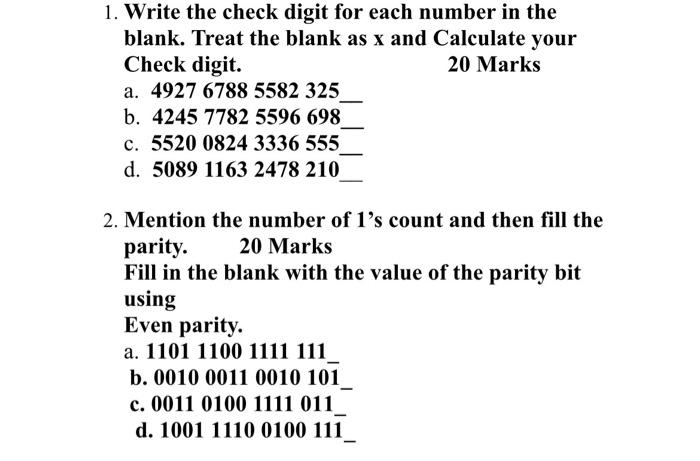 1 Write The Check Digit For Each Number In The Blank Treat The Blank As X And Calculate Your Check Digit 20 Marks A 1
