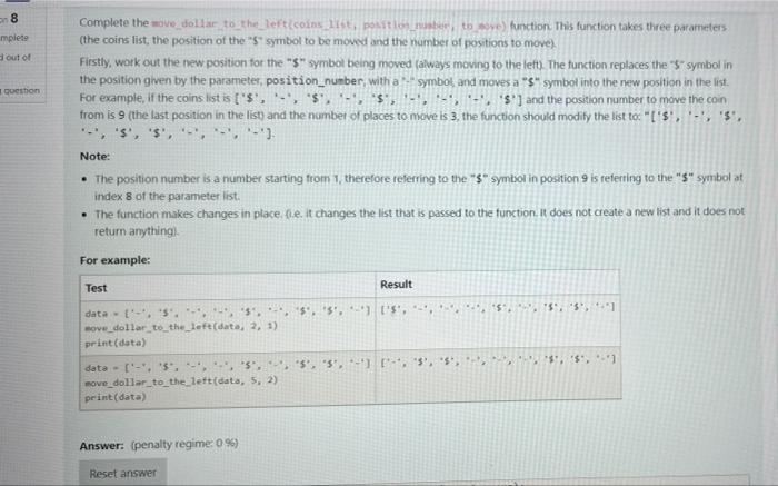8 Mplete Out Of Question Complete The Move Dollar To The Left Coins 114 Position Nabel Toe Function This Function Take 2