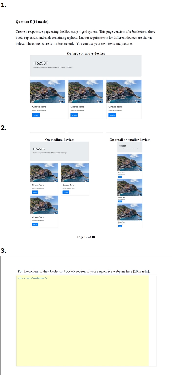 1 Question 5 10 Marks Create A Responsive Page Using The Bootstrap 4 Grid System This Page Consists Of A Jumbotron 1