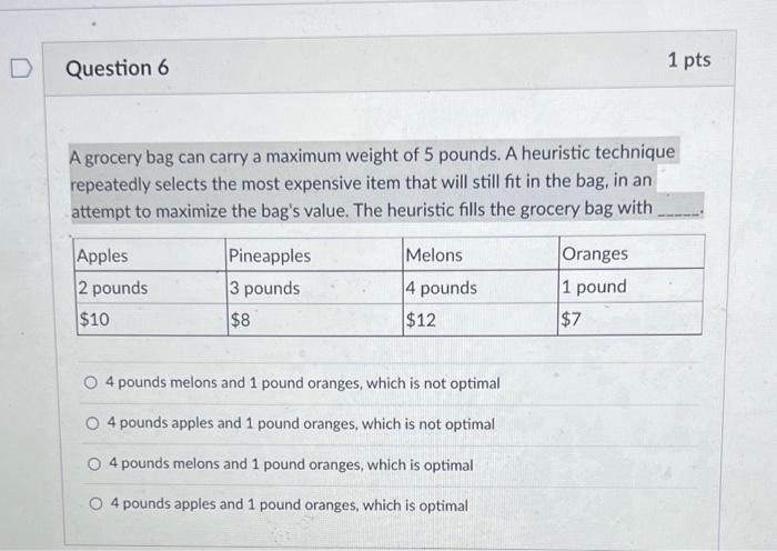 D Question 6 1 Pts A Grocery Bag Can Carry A Maximum Weight Of 5 Pounds A Heuristic Technique Repeatedly Selects The Mo 1