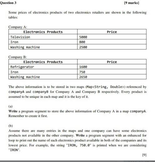 Question 3 19 Marks Some Prices Of Electronics Products Of Two Electronics Retailers Are Shown In The Following Tables 1