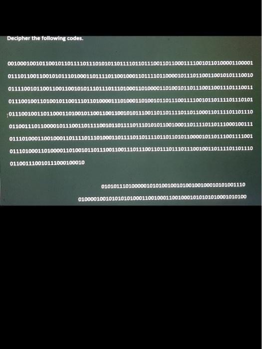 Decipher The Following Codes 00100010010110010110111101110101011011110110111001101100011110010110100001100001 011101100 1