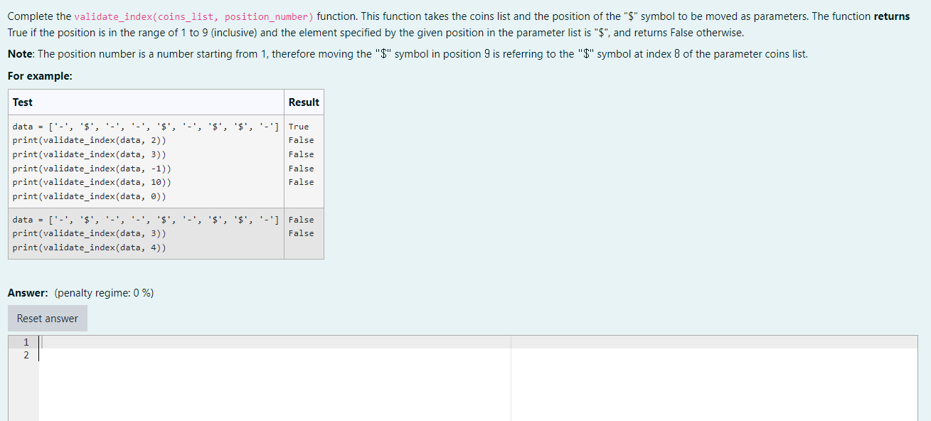 Complete The Validate Index Coins List Position Number Function This Function Takes The Coins List And The Position O 1