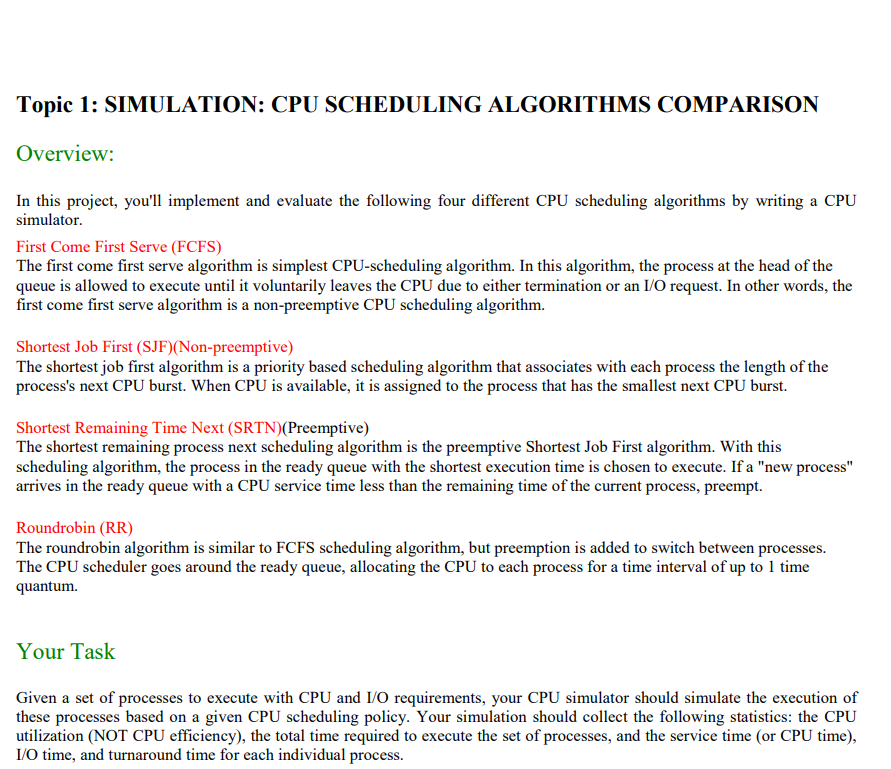Topic 1 Simulation Cpu Scheduling Algorithms Comparison Overview In This Project You Ll Implement And Evaluate The F 1