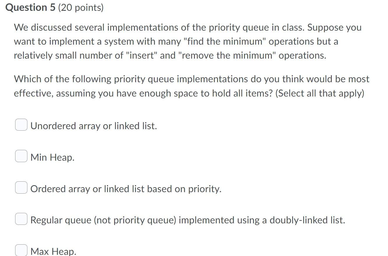 Question 5 20 Points We Discussed Several Implementations Of The Priority Queue In Class Suppose You Want To Implemen 1