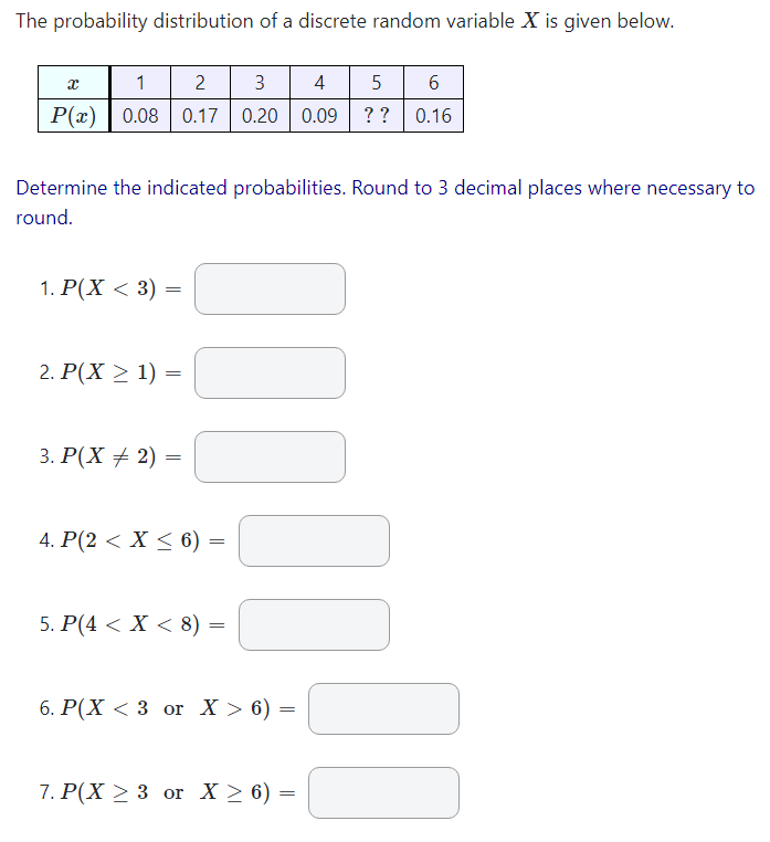 The Probability Distribution Of A Discrete Random Variable X Is Given Below 2 6 1 2 3 4 P 2 0 08 0 17 0 20 0 09 5 1
