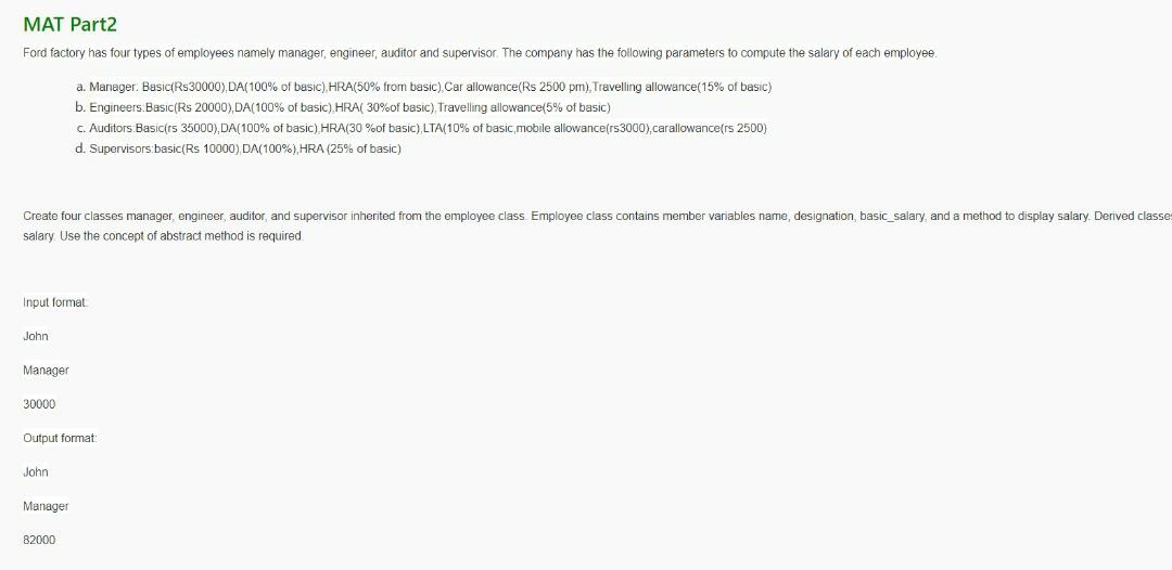 Mat Part2 Ford Factory Has Four Types Of Employees Namely Manager Engineer Auditor And Supervisor The Company Has The 1