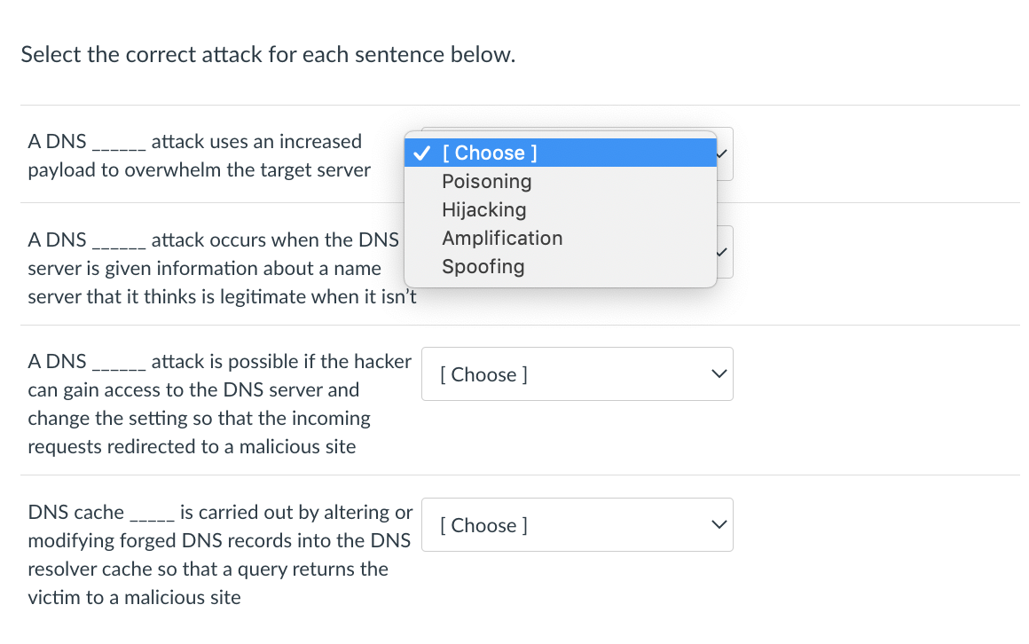 Select The Correct Attack For Each Sentence Below A Dns Attack Uses An Increased Payload To Overwhelm The Target Server 1