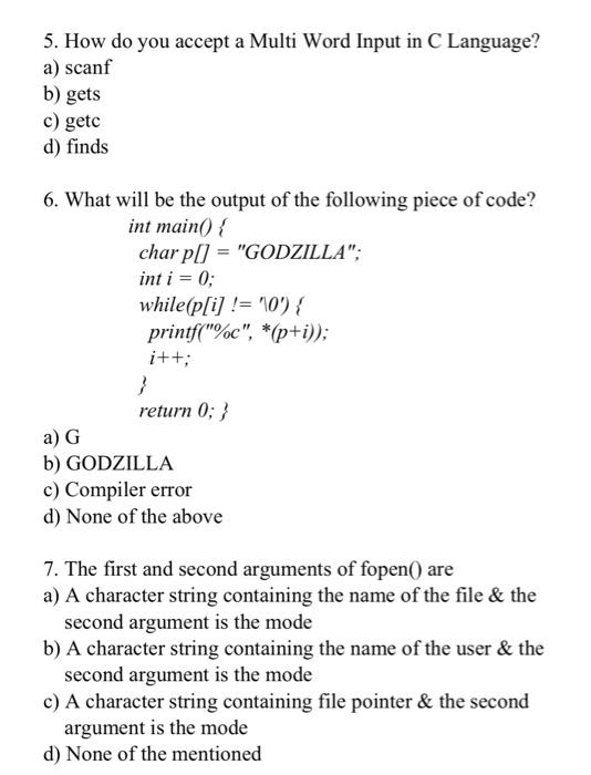1 Which Function Will You Choose To Join Two Words A Strcpy B Strcat C Strncon D Memcon 2 Which Among The F 2