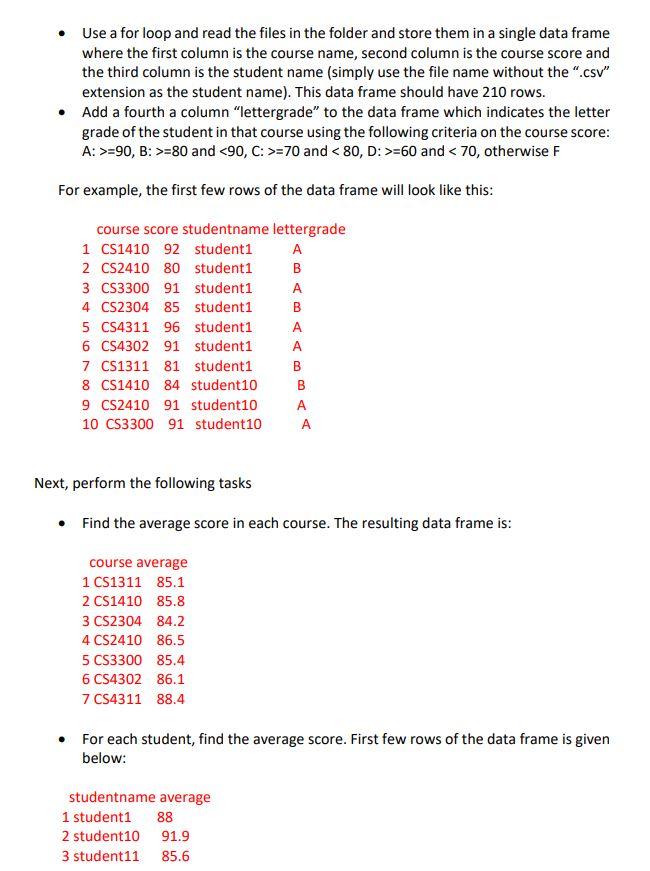 Please Answer In R Programming Example Of 3 Of The 30 Student Files Courses Score Cs1410 92 Cs2410 80 Cs3300 91 Cs2304 2