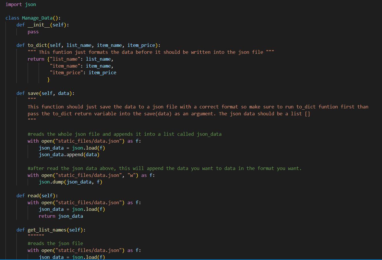 Import Json Class Manage Data Def Init Self Pass Def To Dict Self List Name Item Name Item Price This Fu 1