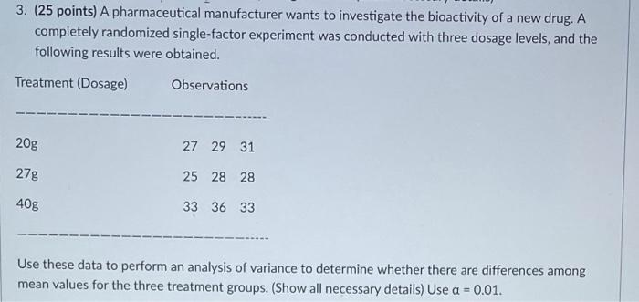 3 25 Points A Pharmaceutical Manufacturer Wants To Investigate The Bioactivity Of A New Drug A Completely Randomized 1