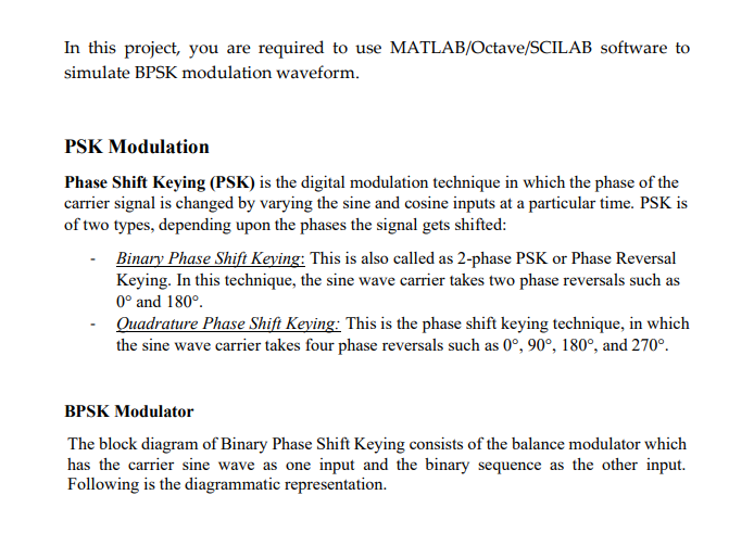 In This Project You Are Required To Use Matlab Octave Scilab Software To Simulate Bpsk Modulation Waveform Psk Modulat 1