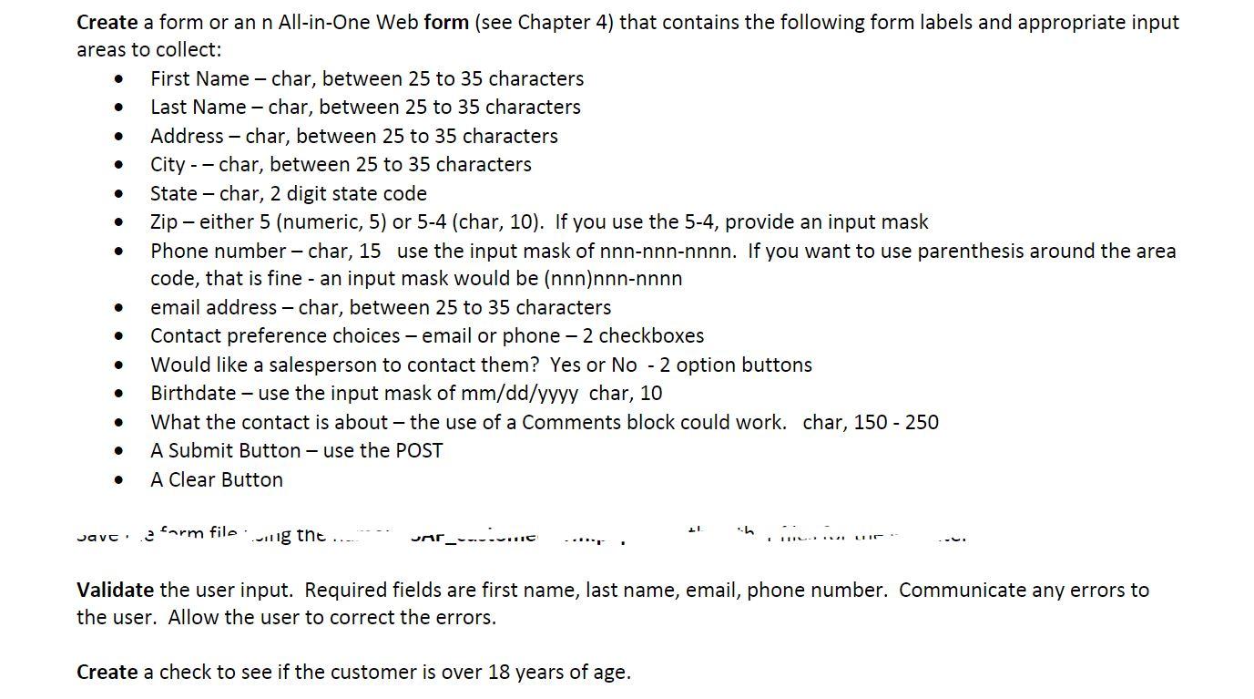 Create A Form Or An N All In One Web Form See Chapter 4 That Contains The Following Form Labels And Appropriate In 1