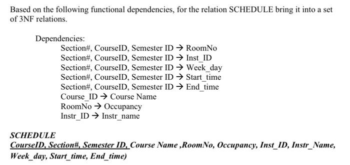 Based On The Following Functional Dependencies For The Relation Schedule Bring It Into A Set Of 3nf Relations Dependen 1