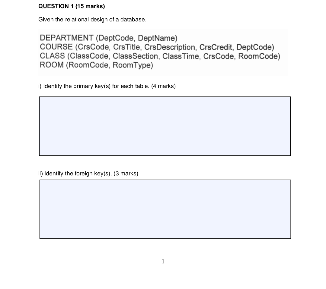 Question 1 15 Marks Given The Relational Design Of A Database Department Deptcode Deptname Course Crscode Crstit 1