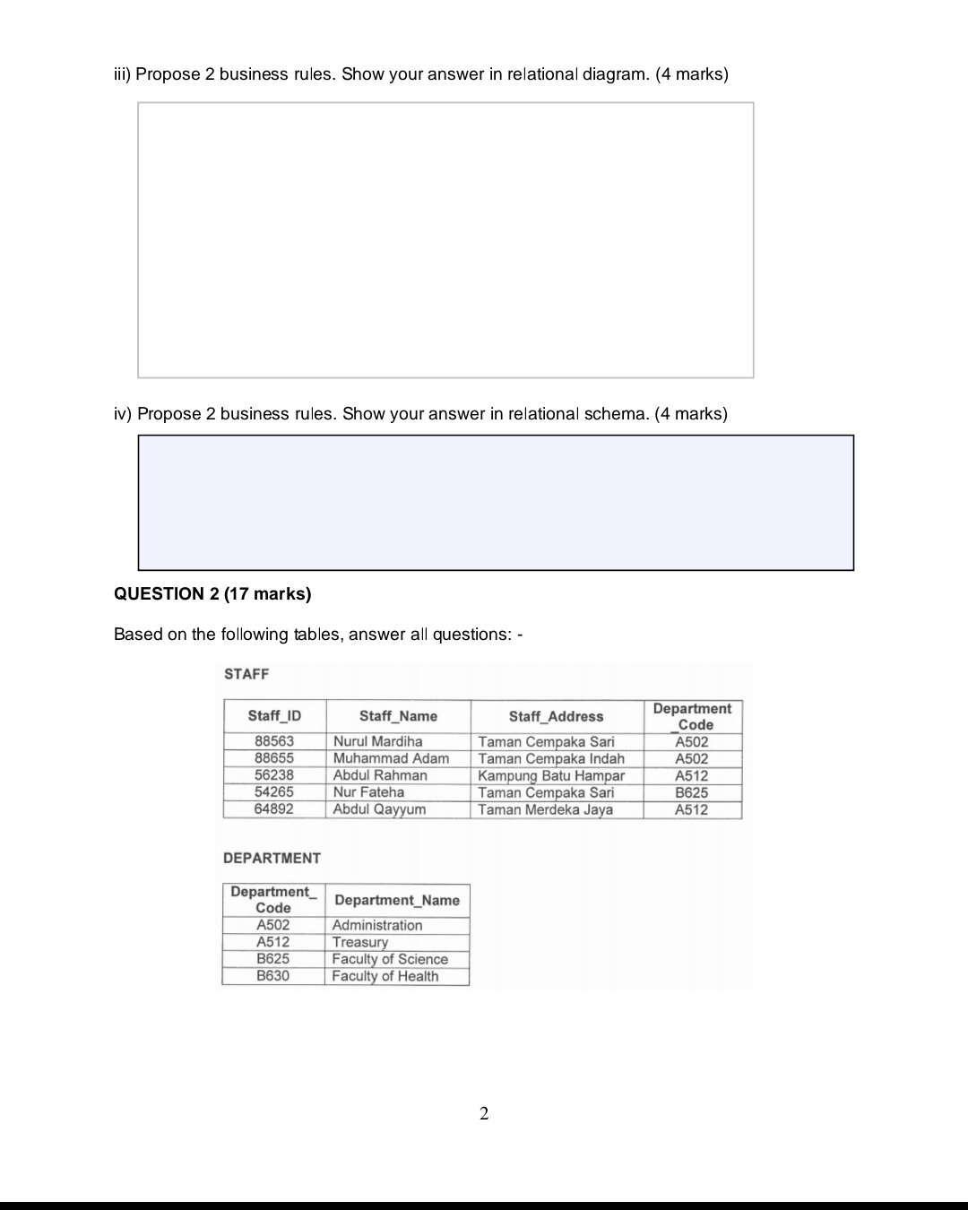Question 1 15 Marks Given The Relational Design Of A Database Department Deptcode Deptname Course Crscode Crstit 2