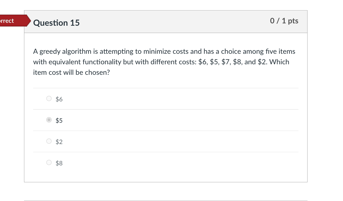 Orrect Question 15 0 1 Pts A Greedy Algorithm Is Attempting To Minimize Costs And Has A Choice Among Five Items With E 1