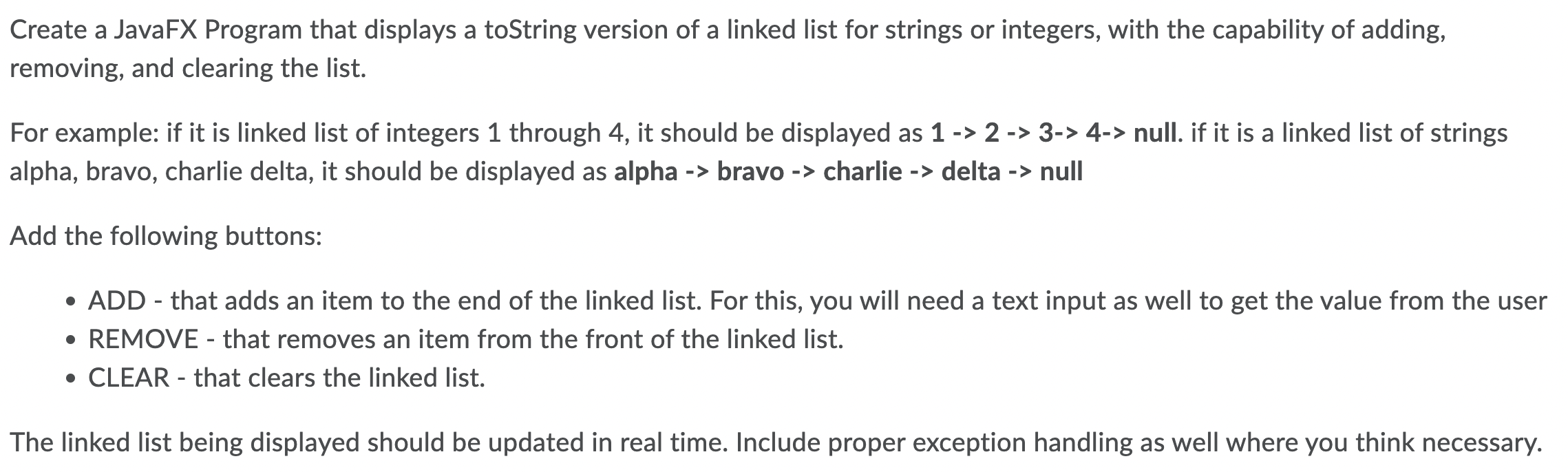Create A Javafx Program That Displays A Tostring Version Of A Linked List For Strings Or Integers With The Capability O 1