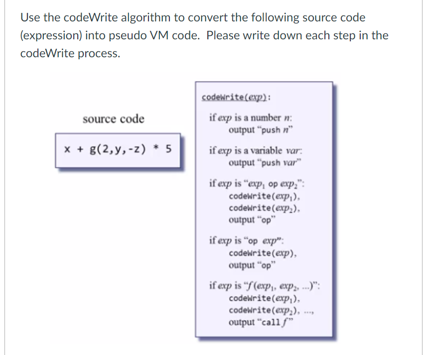 Use The Codewrite Algorithm To Convert The Following Source Code Expression Into Pseudo Vm Code Please Write Down Eac 1