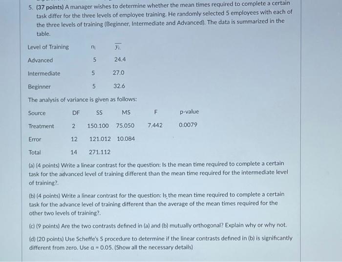 5 37 Points A Manager Wishes To Determine Whether The Mean Times Required To Complete A Certain Task Differ For The T 1