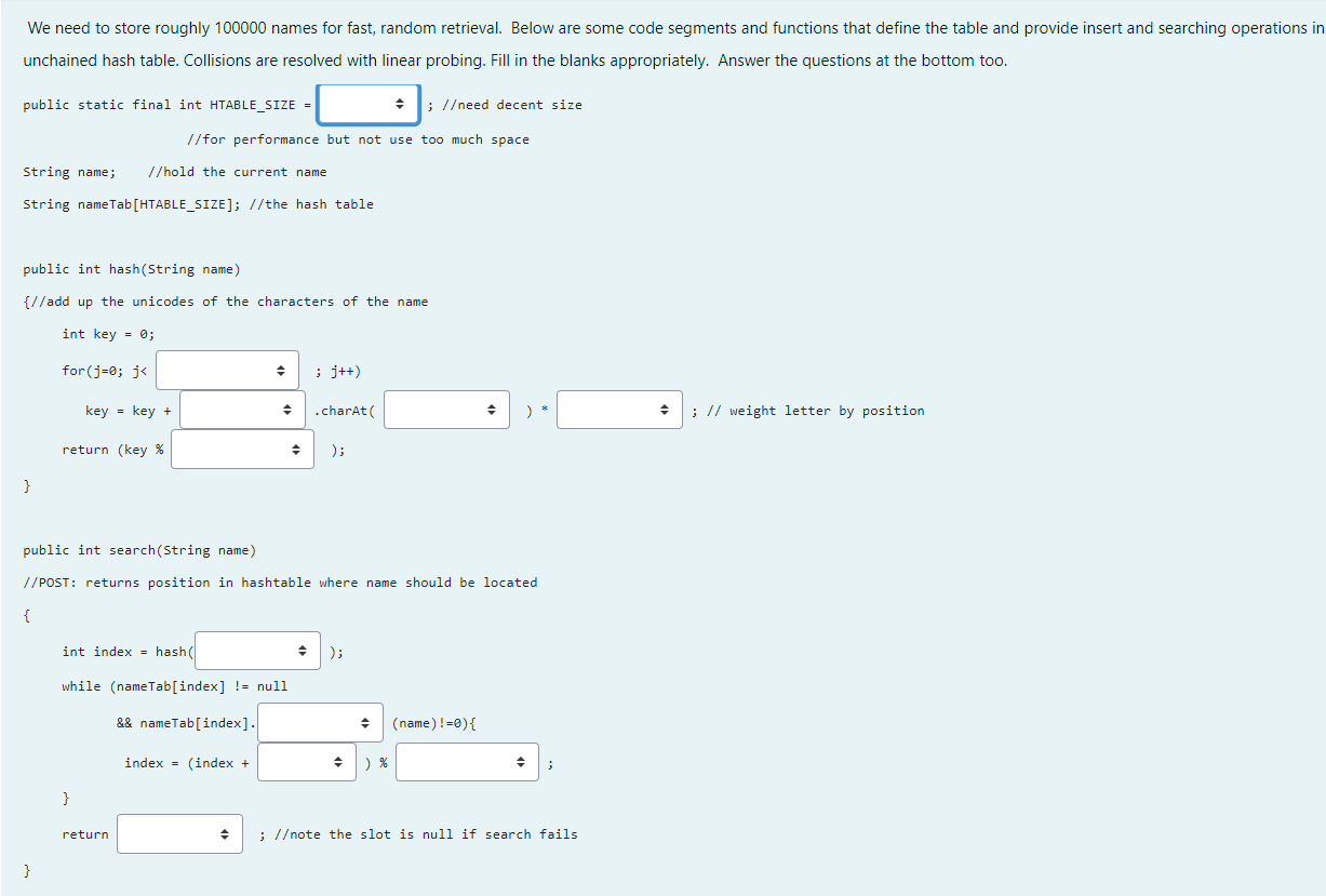 The Options For The Boxes Are 100000 120000 250000 1 True False Name Len Htable Size Key J Index Compareto 1
