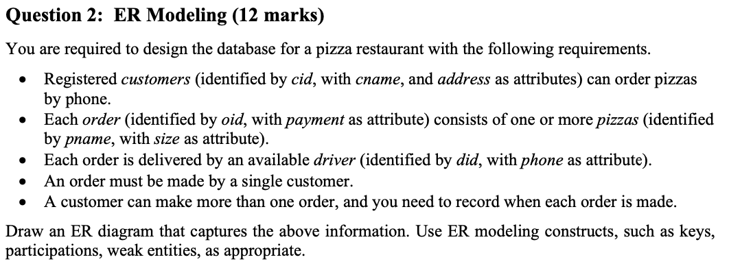 Question 2 Er Modeling 12 Marks You Are Required To Design The Database For A Pizza Restaurant With The Following Req 1
