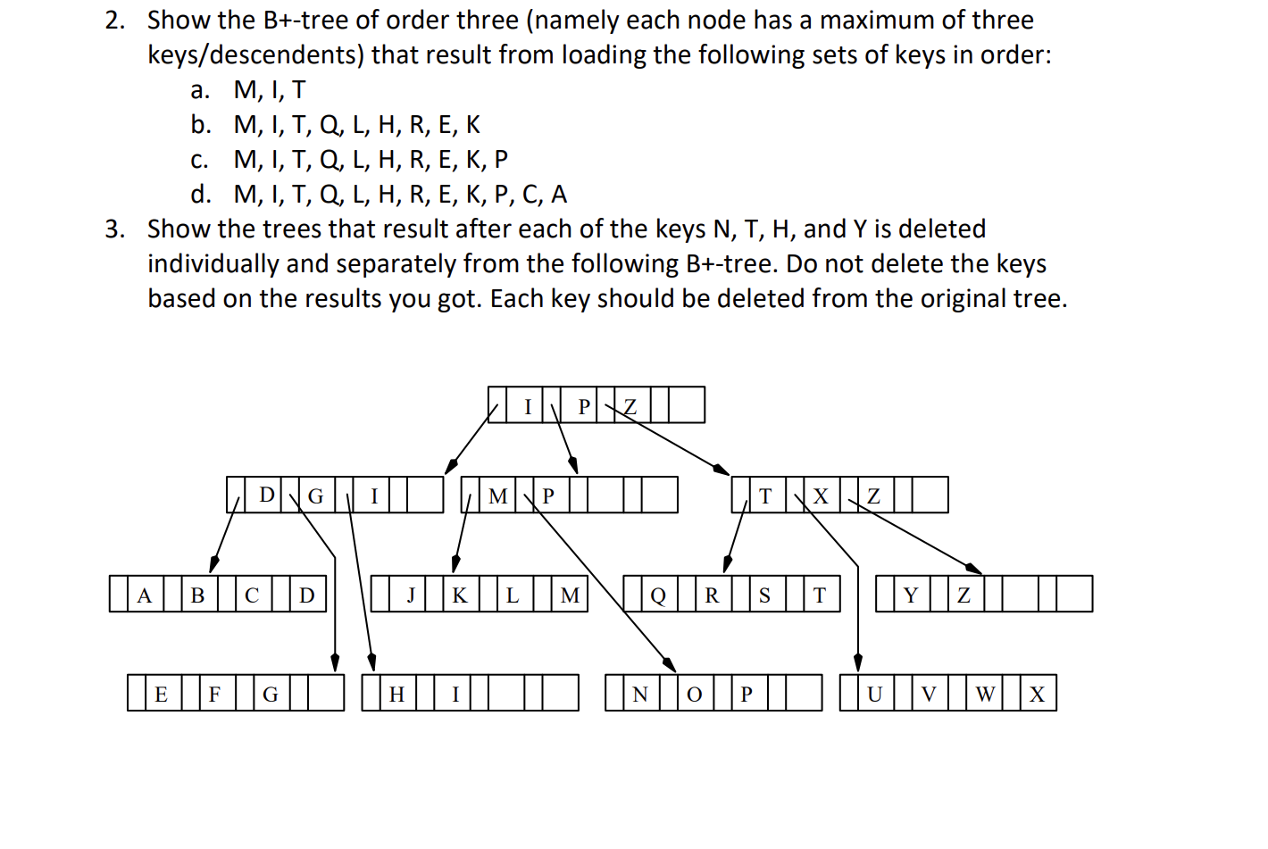 2 Show The B Tree Of Order Three Namely Each Node Has A Maximum Of Three Keys Descendents That Result From Loading T 1