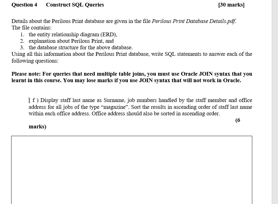 Only Need Answer The F Question Thx Please Write In Sql Query Programming Language Format Not Mysql 1
