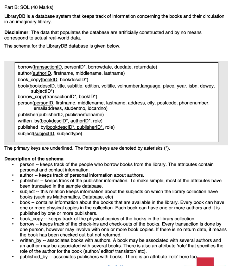 Part B Sql 40 Marks Librarydb Is A Database System That Keeps Track Of Information Concerning The Books And Their Cir 1