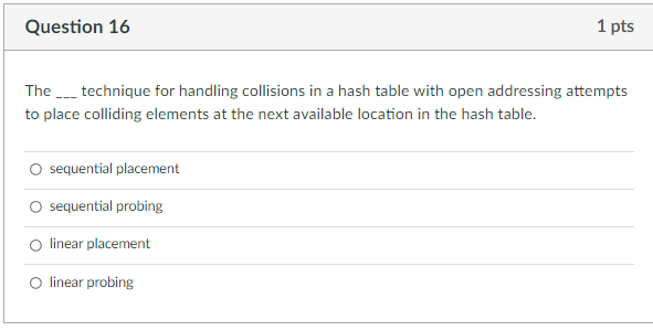 Question 16 1 Pts The Technique For Handling Collisions In A Hash Table With Open Addressing Attempts To Place Colli 1