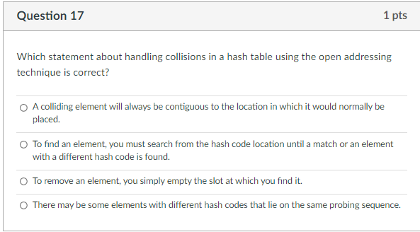 Question 16 1 Pts The Technique For Handling Collisions In A Hash Table With Open Addressing Attempts To Place Colli 2