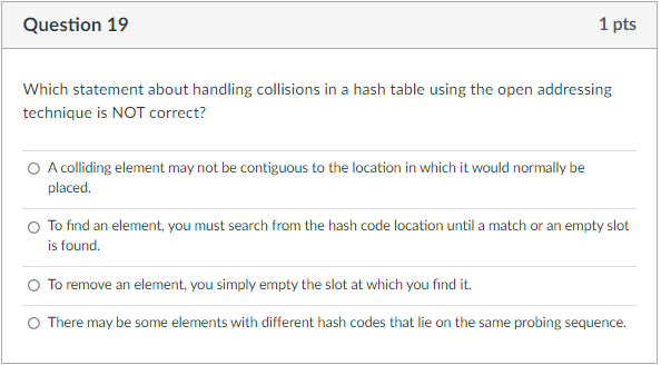 Question 16 1 Pts The Technique For Handling Collisions In A Hash Table With Open Addressing Attempts To Place Colli 4